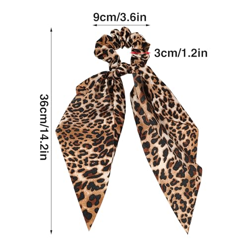 Leopard Hair Scarf Scrunchies for Women - 2Pcs Bow Scrunchies Knotted Bow Hair Ties Long Elastic Bands Satin Hair Ribbon Scrunchy Soft Ponytail Holders for Women Girls Gifts