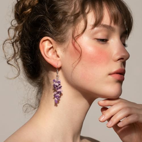 Nupuyai Natural Tumbled Stones Earrings for Women, Reiki Healing Crystal Long Dangle Hook Eardrop - color: #7-Purple & Pink