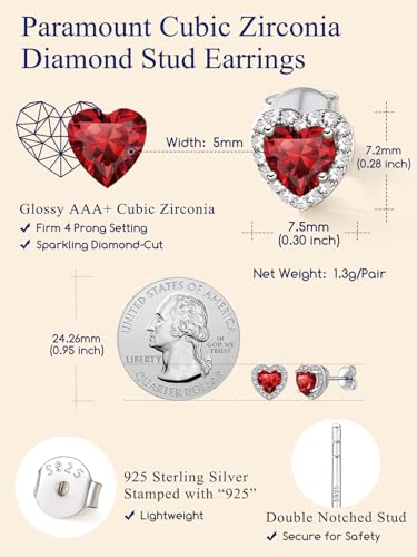 Suplight 925 Sterling Silver Birthstone Stud Earrings for Women, Round/Heart/Teardrop/Square Crystal Diamond Earrings for Women, Dainty Birthday Gifts Jewelry - color: style b-01. heart-January (Created Garnet)