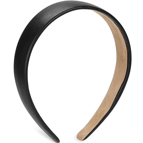 WantGor 1 Inch PU Leather Headband, Wide Padded Hairband Fashion Hair Bands | Cute Womens Headbands Holiday DIY Hair Accessories (Black) - color: Black