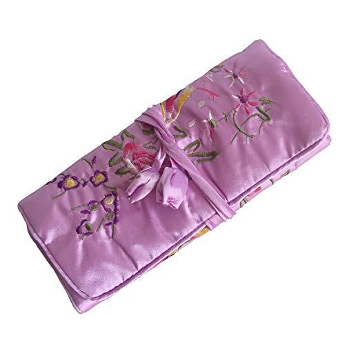 Travel Jewelry Roll Bag - Embroidered Brocade Pouch for Rings, Necklaces, Earrings, Bracelets | Lightweight & Tie Closure (Light Purple) - color: Light Purple