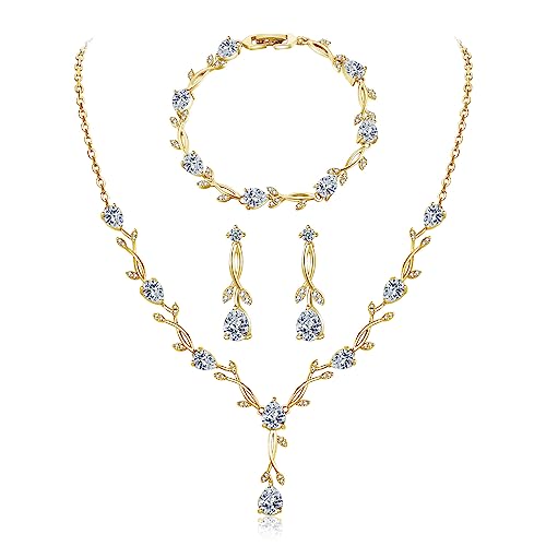 Jewelry Set for Women, Necklace Dangle Earrings Bracelet Set with White AAA Cubic Zirconia, Allergy Free Wedding Party Jewelry for Bridal Bridesmaid - color: Necklace+Braclelet+Earrings-Gold plated style