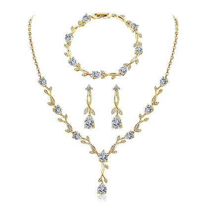 Jewelry Set for Women, Necklace Dangle Earrings Bracelet Set with White AAA Cubic Zirconia, Allergy Free Wedding Party Jewelry for Bridal Bridesmaid - color: Necklace+Braclelet+Earrings-Gold plated style
