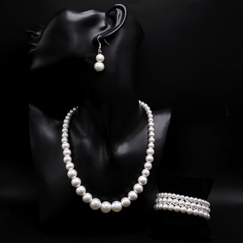Cryshimmer Pearl Choker Necklace for Women Faux Pearl Beads Strand Necklace Earring Set Costume Jewelry,Gift for Wife Mother - color: Pearl Set-1