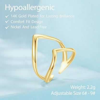 Silver Open Adjustable Stacking Rings for Women, Minimalist Wrap Band Set, Geometric/Heart/Wave/Leaf/Spiral Styles, Hypoallergenic, Gift Box Included, Thumb Ring Option - color: 14K V-shaped Heart