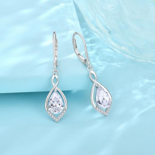 Infinity Teardrop Earrings 925 Sterling Silver Dangle Drop Leverback Earrings Birthstone Jewelry for Women - color: Clear White