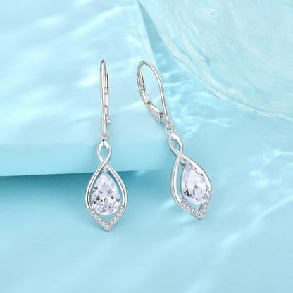 Infinity Teardrop Earrings 925 Sterling Silver Dangle Drop Leverback Earrings Birthstone Jewelry for Women - color: Clear White