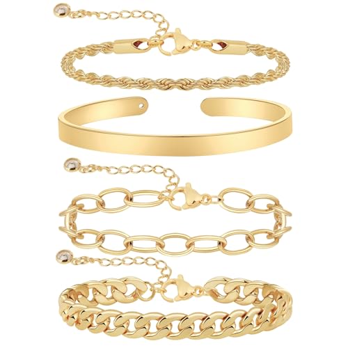 MFRYK Gold/Silver Bracelets For Women,Trendy 14k Gold/Silver Plated lightweight Dainty Chunky Thin Cuban Link Paperclip Chain Tennis Bangle Bracelets Stack Set,Ring Hand Chain Bracelet,Gold Jewelry Gift For Women Fashion Accessories - style: 4Pcs cuff ban