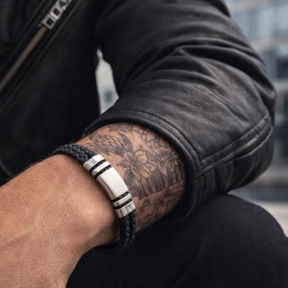 Forge & Foundry Men's Adjustable Black Leather Bracelet | Genuine Woven Leather with Snap Clasp | Design-Led, Artisan Jewelry from London [Navarro] - color: Silver - Double Strand, size: X-Large