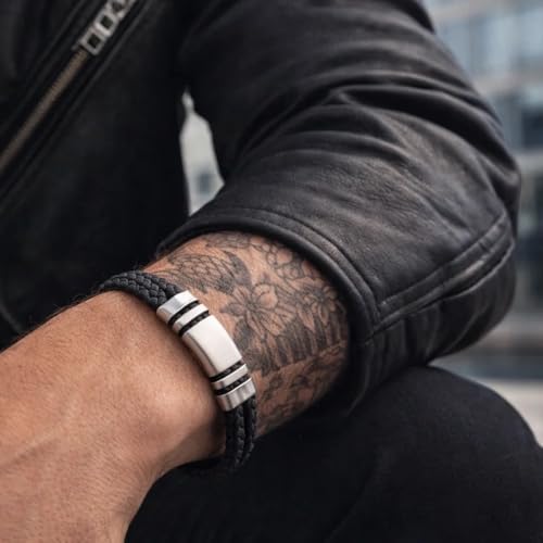 Forge & Foundry Men's Adjustable Black Leather Bracelet | Genuine Woven Leather with Snap Clasp | Design-Led, Artisan Jewelry from London [Navarro] - color: Silver - Double Strand, size: Large