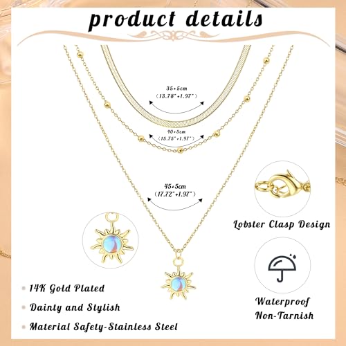 Kakonia Layered Gold Necklaces for Women, 3-Piece Gold Necklace Stack | 14K gold plated pendant necklace set, 3 dainty gold chains, trendy jewelry for women, ideal for weddings, proms or gifting - style: Sun Pendant