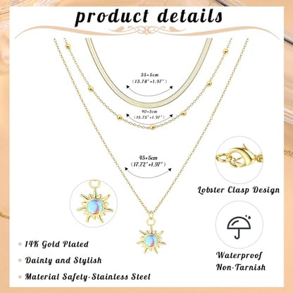 Kakonia Layered Gold Necklaces for Women, 3-Piece Gold Necklace Stack | 14K gold plated pendant necklace set, 3 dainty gold chains, trendy jewelry for women, ideal for weddings, proms or gifting - style: Sun Pendant