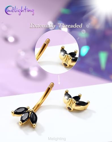 Melighting 14G Gold Lotus Belly Button Ring, Double CZ Navel Ring 316L Surgical Stainless Steel Marquise 5A CZ Steel Belly Bar 8 mm/10 mm - color: Gold Black, size: 14g10mm