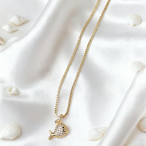 Dainty Gold Necklace for Women, 14K Gold Plated Cubic Zirconia Pendant Necklace, Dainty Fish Sea Turtle Pendant Necklace Ocean Beach Cute Trendy Gold Jewelry Necklaces for Women Gift - style: Fish A