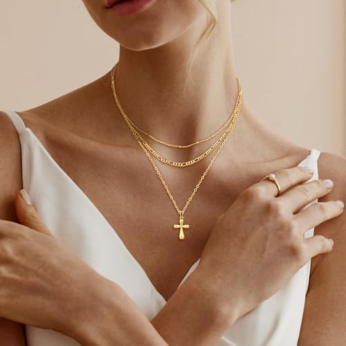 MFRYK Gold Necklaces for Women,14K Gold/Silver Plated Choker Layered Necklace Dainty Pearl Disc Cross Circle Heart Pendant Chain Stackable Necklaces, Multilayer Jewelry Set Gifts for Women - style: 3Layered Cross-GD