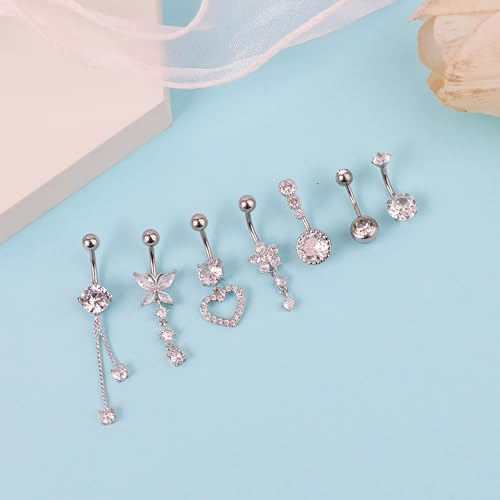 7 Pcs Gold Belly Button Ring Dangle for Women Hypoallergenic Surgical Stainless Steel Dangling Belly Rings Butterfly Heart CZ Cute Long Belly Button Piercing Dangly Navel Piercings Pack Belly Piercing Jewelry - color: silver