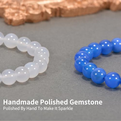2PCS Agate Bracelet for Women Men Natural Round Beaded Agates Stone Healing Stretch Bracelets Elastic Handmade Polished Gemstone Beads Bracelet - color: White+Blue, size: 8mm Beads