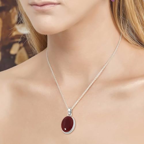 Chunky Natural Gemstone Pendant Necklace For Women Onyx, Turquoise, Amber, Garnet Oval Boho Genuine 925 Sterling Silver Handmade Jewelry - color: Garnet Quartz