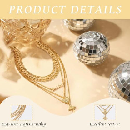 Gold-Tone Layered Necklace Set for Women Chunky Stack Big Coin Heart & Geometric Pendant Paperclip Cuban Chain Non Tarnish Fashion Elegant Layering Statement Jewelry Piece for Her
