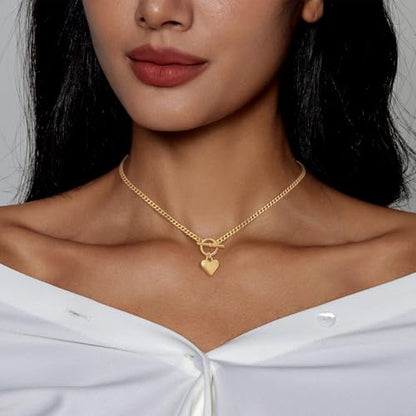 Airmb Heart Necklace for Women Gold/Silver Plated Trendy Heart Choker Lover Pendant Hypoallergenic Fashion Gold/Silver Necklace for Women Love Jewelry Gift for Women Girlfriend - color: Cuban-Chain-Gold