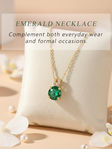 CYW Genuine Sapphire/Emerald/Ruby/Moissanite Necklace for Women, Really Authentic Solid 925 Sterling Silver, 16"/18"/20" Adjustable Chain, Anniversary Mother's Day Valentines Gift - color: Emerald - Round - Yellow Gold, size: 8mm