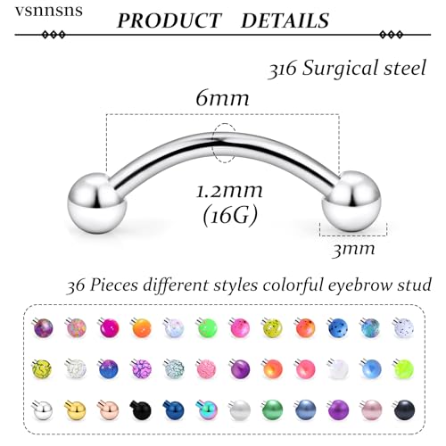 Eyebrow Piercing Jewelry 16G Stainless Surgical Steel Curved Barbell Eyebrow Ring Vertical Labret Lip Jewelry Rook Daith Earrings Piercing Jewelry for Women Men 6mm 8mm 10mm 16 Gauge - color: 6MM-Mix Color