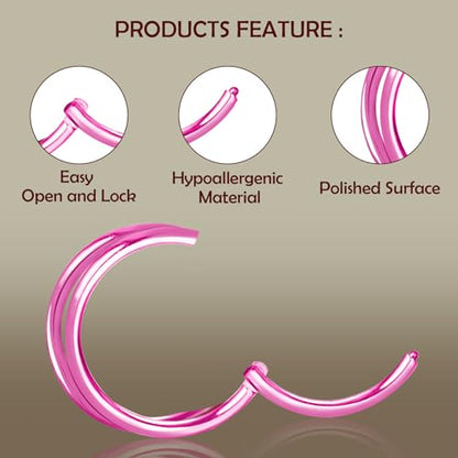 Titanium Septum Rings, Nose Rings Hoops for Women, Segment Nose Rings 16G 8mm/10mm Hypoallergenic Cartilage Conch Helix Rook Hoop Earrings - color: Double Stacked-Pink, size: 16 Gauge 8mm