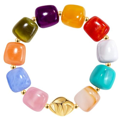 VIBILIA Chunky Beaded Bracelet for Women Multicolor Big Resin Acrylic Bead Elastic Stretch Bracelet, Trendy Statement Bracelets Boho Summer Beach Vacation Charm Jewelry - color: Square-Colorful