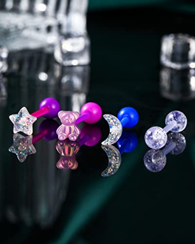 COCHARM 4PCS Acrylic Tongue Rings Flexible 14g Plastic Tongue Rings for Women UV Pink Bear Moon Tongue Barbell Star Tongue Ring Set Bio-Flex Tongue Piercing Jewelry