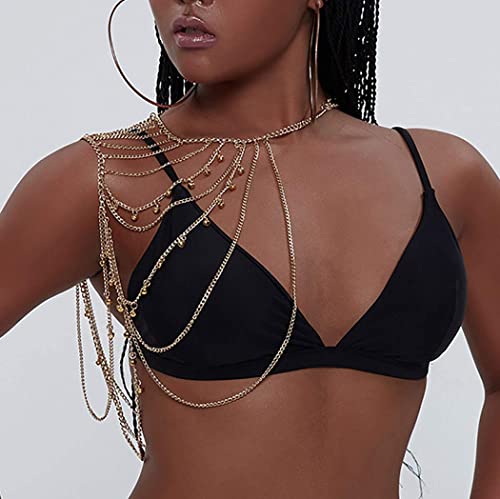 Yomiie Gold Body Chain Layered Tassels Shoulder Chain Bikini Beach Anniversary Festival for Women Uniform Dress Bikini Shoulder Accessories