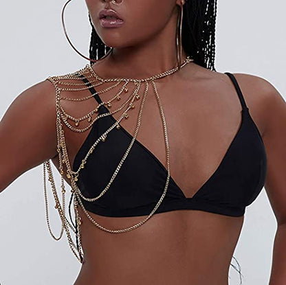 Yomiie Gold Body Chain Layered Tassels Shoulder Chain Bikini Beach Anniversary Festival for Women Uniform Dress Bikini Shoulder Accessories