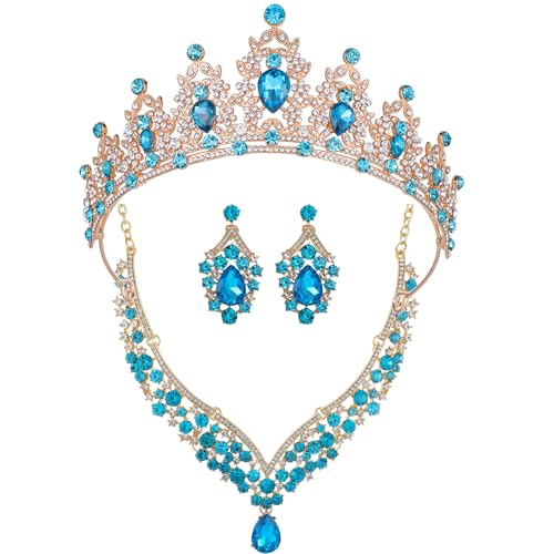 Kamirola Bridal Wedding Tiara Crown Jewelry Set for Women/Brides/Bridesmaids Crystal Jewelry Set for Wedding Prom Party Bridal Crystal Necklace Earrings Bracelet Set(TR60) - color: Gold Skyblue
