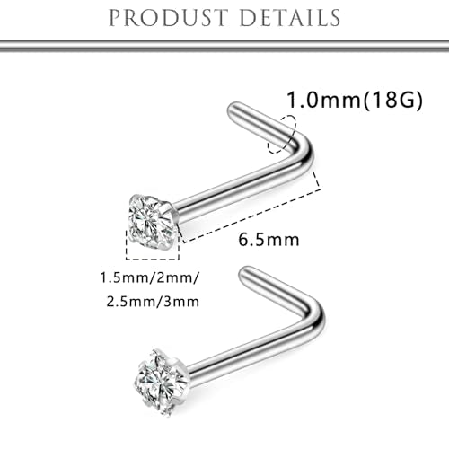 Hoeudjo Nose Studs Surgical Steel Cubic Zirconia Nose Rings Kit for Women Men Tiny Nose Stud Screw & Bone & L Shaped Nostril Piercing Jewelry 22-18 Gauge 8 Pieces 1.5mm 2mm 2.5mm 3mm - color: silvertone, size: 18g,L shaped nose studs,round+square CZ