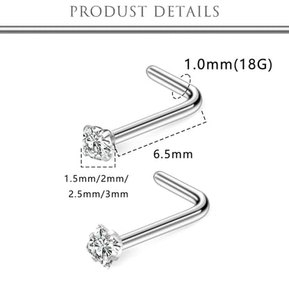 Hoeudjo Nose Studs Surgical Steel Cubic Zirconia Nose Rings Kit for Women Men Tiny Nose Stud Screw & Bone & L Shaped Nostril Piercing Jewelry 22-18 Gauge 8 Pieces 1.5mm 2mm 2.5mm 3mm - color: silvertone, size: 18g,L shaped nose studs,round+square CZ