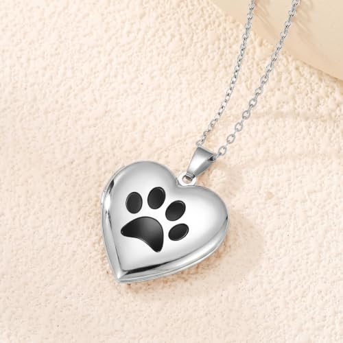 PHOCKSIN Personalized Locket Necklace for Women Photo Necklace with Customized Picture Birth Flower Birthstone Customizable Birthday Gifts - color: #02-Heart Silver Pawprint