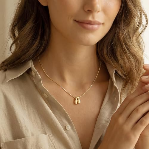 Bubble Gold Initial Necklaces for Women,14K Gold Plated A-Z Initial Necklaces for Women, Chunky balloon letter name Pendant Necklace Fashion Jewelry Gifts - color: A, style: Gold