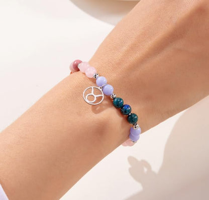 XAM 12 Zodiac Stone Beaded Bracelet - Natural Gemstone & Stainless Steel Charm Constellation Jewelry - color: G