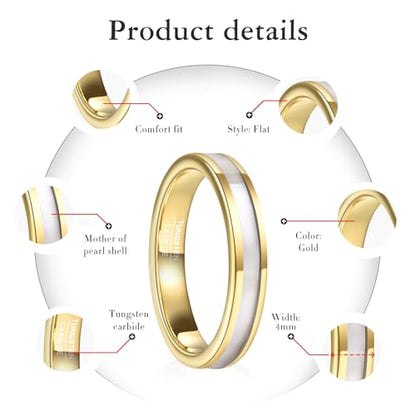 Vakki 4mm 6mm Womens Rose Gold Tungsten Carbide Ring with Mother of Pearl Shell/Marble Inlaid Wedding Band Comfort Fit Size 5-12 - color: C-4mm-Mother of Pearl & Gold