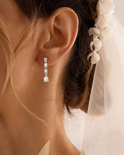 14K Gold Plated/Sterling Silver CZ Pearl Drop Dangle Earrings for Women - color: Silver-4 CZ