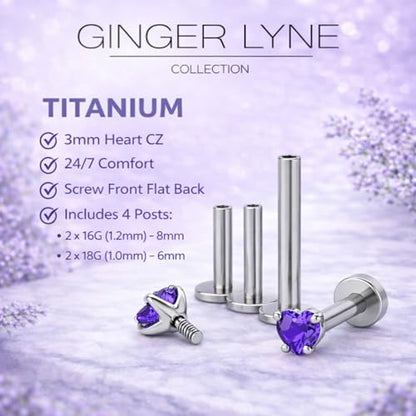 Titanium Heart CZ Labret Stud Earrings for Piercings by Ginger Lyne 6Pc Set G23 Screw Front Flat Back Body Jewelry 2 pair post 6mm, 8mm Cartilage, Helix, Tragus, Lip, Conch, Lobe - color: 3mm-DKPurple
