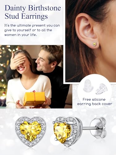 Suplight 925 Sterling Silver Birthstone Stud Earrings for Women, Round/Heart/Teardrop/Square Crystal Diamond Earrings for Women, Dainty Birthday Gifts Jewelry - color: style b-11. heart-November(Created Citrine)