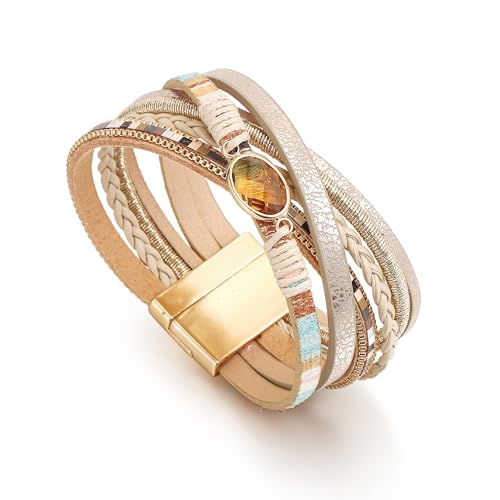 Edoneery Leather Wrap Bracelets for Women, Boho Layered Cuff Bangle | Multi-layer Leather Cuff, Daily wear, Stackable Bangle, Easy on-off, Western Jewelry Gifts for Women - color: Khaki-1