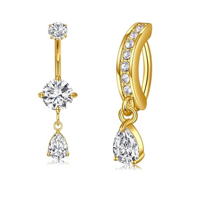 Briana Williams Belly Button Ring Clear CZ Dangle Belly Button Piercing Belly Rings Dangle Belly Button Rings Surgical Steel Teardrop Dangle Belly Button Jewelry for Women Silver Gold - color: B -gold