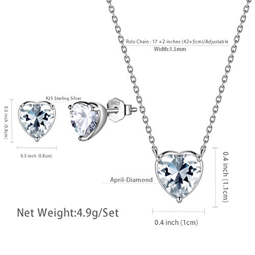 Aurora Tears Hearts Necklace Earrings Jewelry Sets - Women 925 Sterling Silver Birthstone Pendants Earrings Set Crystal Wedding Birthday Jewelry - color: D.April-set