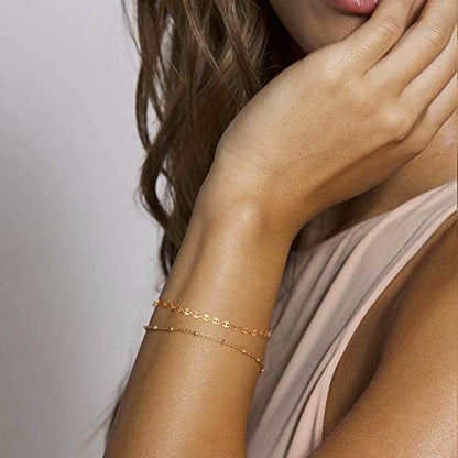 Dainty Gold Bracelets for Women, 14K Gold Plated Adjustable Layered Beads Bracelet Cute Evil Eye Oval Chain Pearl Bar Turtle Gold Bracelets for Women Jewelry - style: Coin Beads Chain