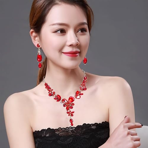 Rhinestone Crystal Bridal Necklace Floarl Art Deco Teardrop Collar Necklace Dangle Earrings Jewelry Set for Women - color: Red