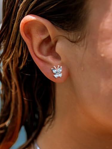 Suplight Butterfly Stud Earrings 925 Sterling Silver 14K Gold Brithstone Earrings for Women Brithstone Jewelry Gifts - color: 03.March( Aquamarine), size: Silver