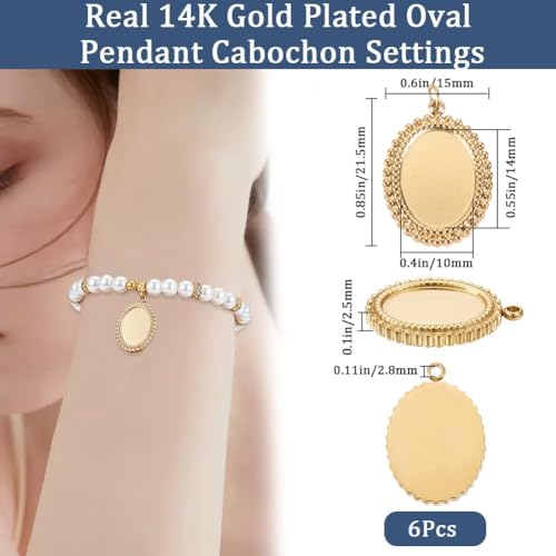 Beebeecraft 1 Box 6Pcs Cabochon Settings Charms 14K Gold Plated Stainless Steel Oval Flat Round Blank Bezel Pendant Trays Base Settings Charm with Jump Rings for DIY Jewellery Making Findings - color: #1 Tray 10x14mm