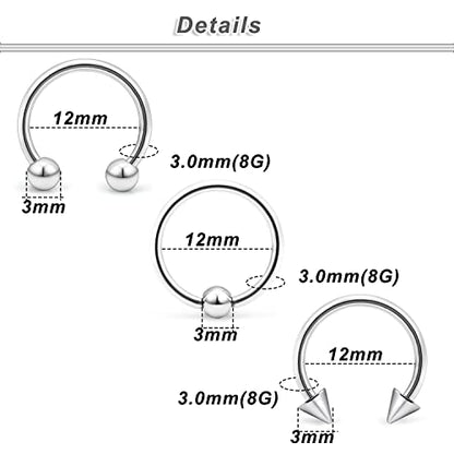 00G 0G 2G 4G 6G 8G 10G 12G 14G 16G Septum Rings Silver Black Surgical Steel Heavy Gauges Earrings Stretching kit Eyebrow Lip Septm Nose Rings Helix Tragus Daith Rook Earrings Hoops 10mm-19mm - color: Silver, size: 8G(3.0mm)-Inner Dia:12mm