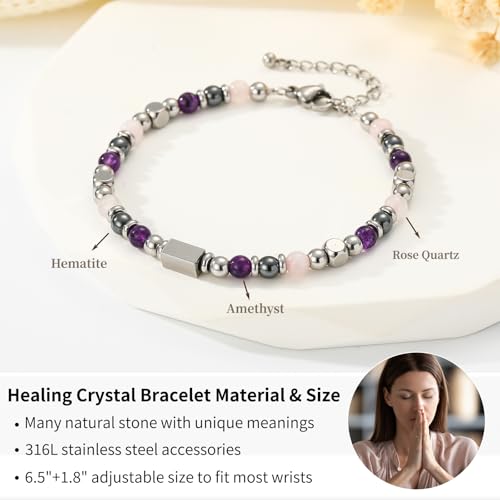 Natural Healing Crystal Bracelet for Women, Triple Protection Anxiety Relief New Beginnings Good Luck Empath Protection Jewelry Gift for Friends Daughter Mom 6.5+1.8 Inches - color: Empath protection-S